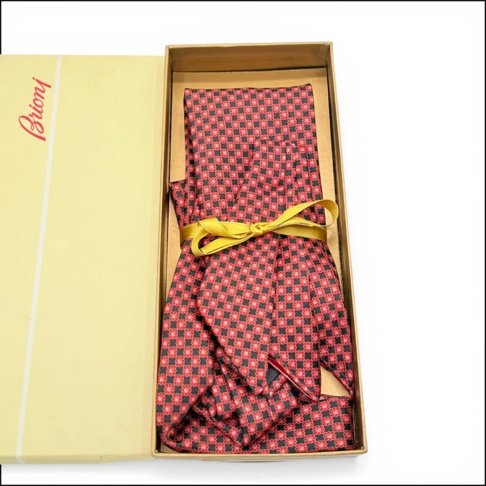 Brioni Micro Geometric Silk Tie Pocket Square Box Set Red Navy Italy Handmade XL